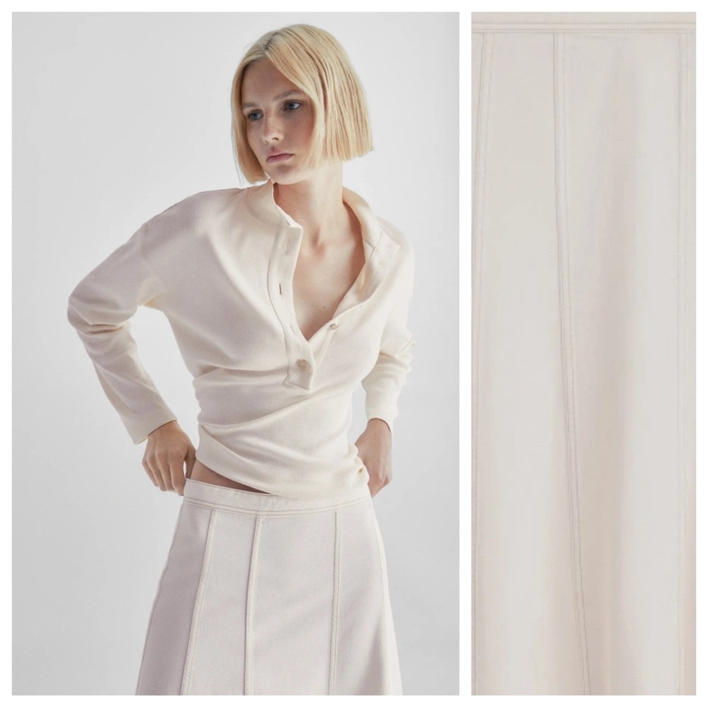 NWT. Massimo Dutti Off White Denim High Waisted Panel Midi Skirt. Size 2, 4. - Picture 4 of 11